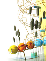Die farbenfrohe Chügelibahn aus Holz und Messing mit Glasmurmeln. Jonadesign Jona Design Zürich